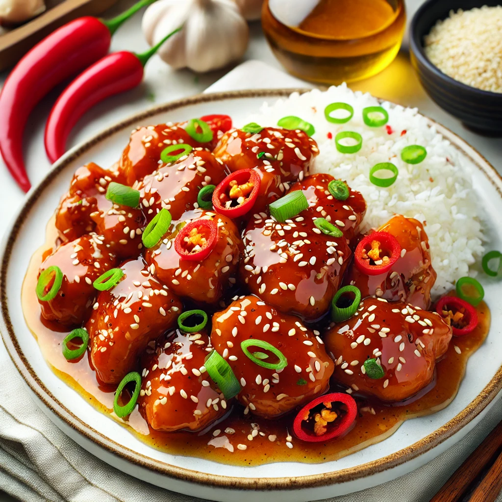 A delicious plate of honey chilly chicken served on a white dish. The chicken pieces are coated in a glossy, sticky honey chili sauce