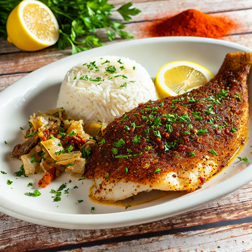 A flavorful plate of Cajun fish served on a white dish. The fish fillet is perfectly cooked, seasoned with a spicy Cajun rub, and has a crispy